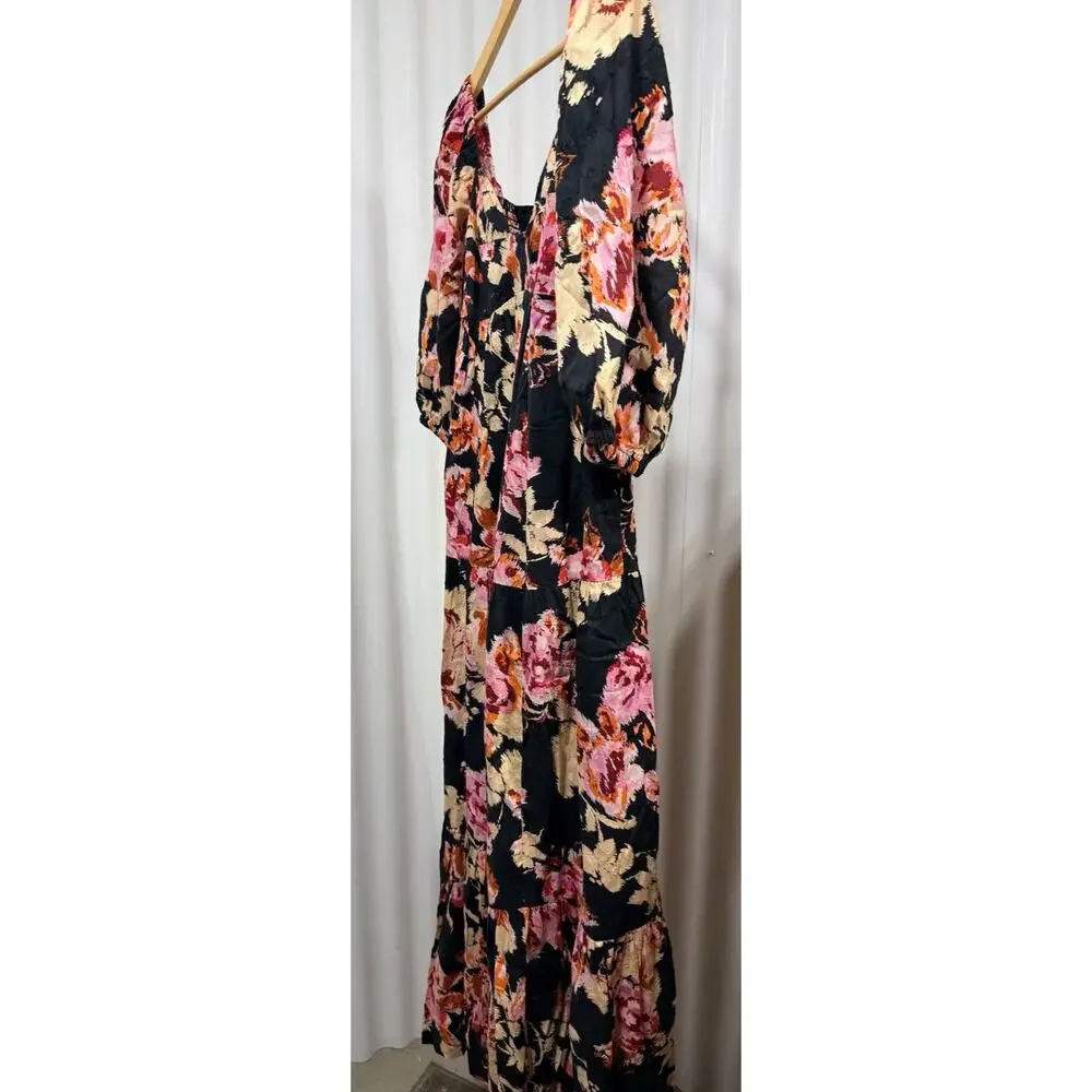 Anthropologie Black Blossom Tiered Puff Sleeve Maxi Dress Sz Sm Floral Smocked